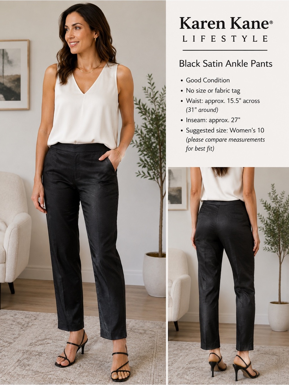Karen Kane Black Satin Cropped Ankle Pants Size 10 Quiet Luxury Cocktail Formal